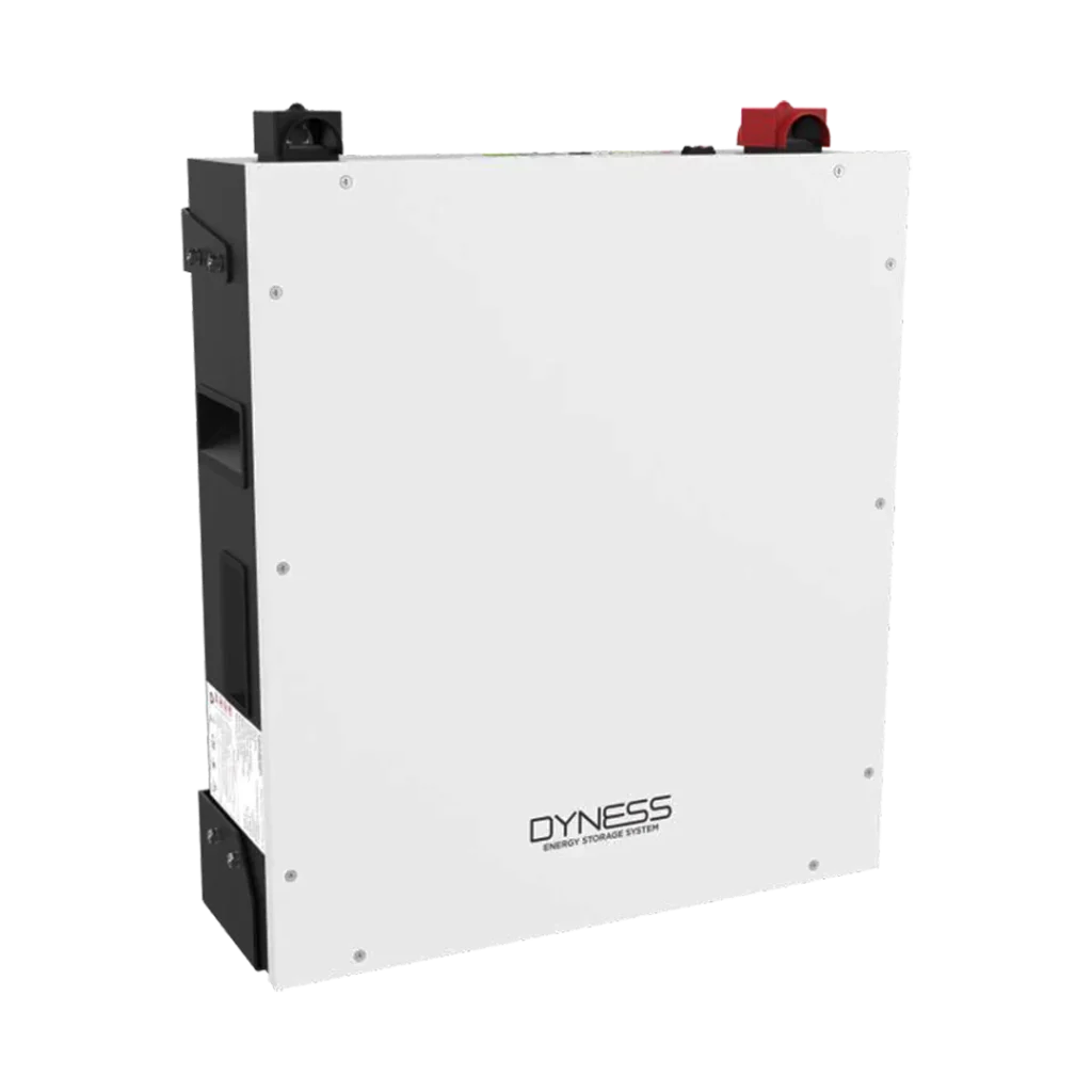 Platte Dyness accumodule voor aan de wand, met rode en zwarte aansluitklemmen