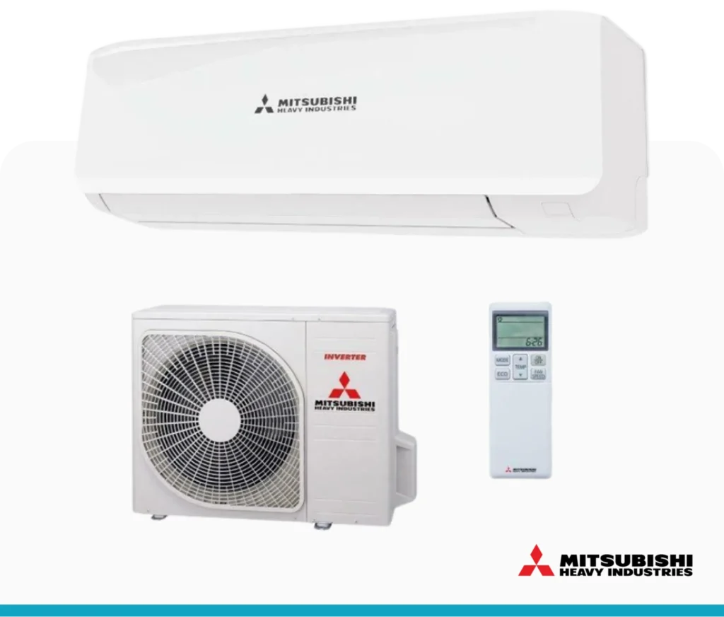 Airco met binnendeel voor aan de muur, buitendeel met ventilator en afstandsbediening