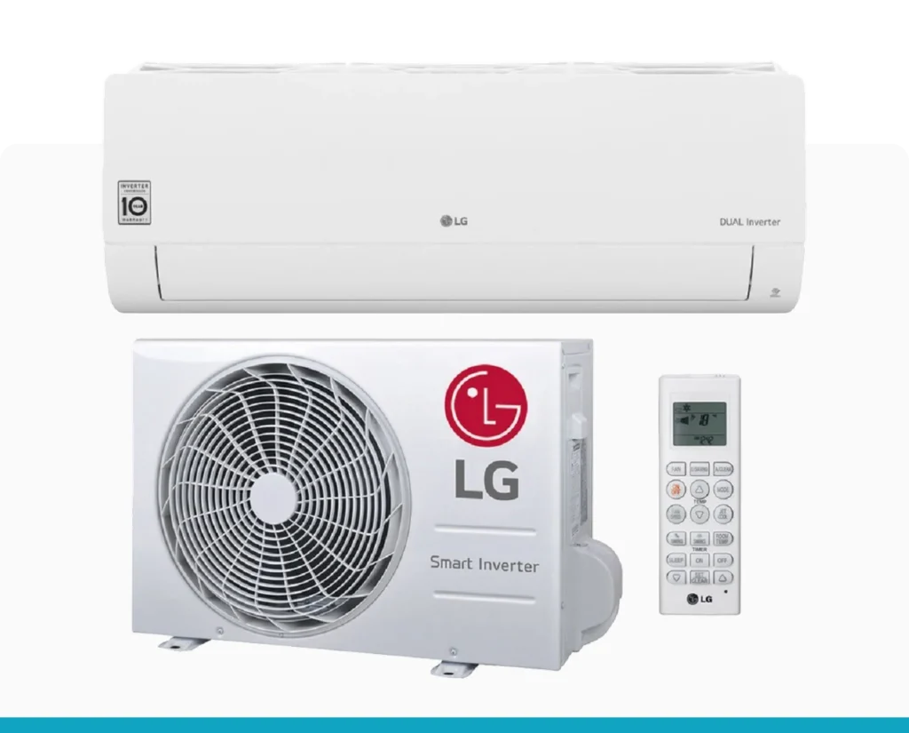 LG Dual Inverter airco: witte binnenunit, buitenunit met ventilator en afstandsbediening