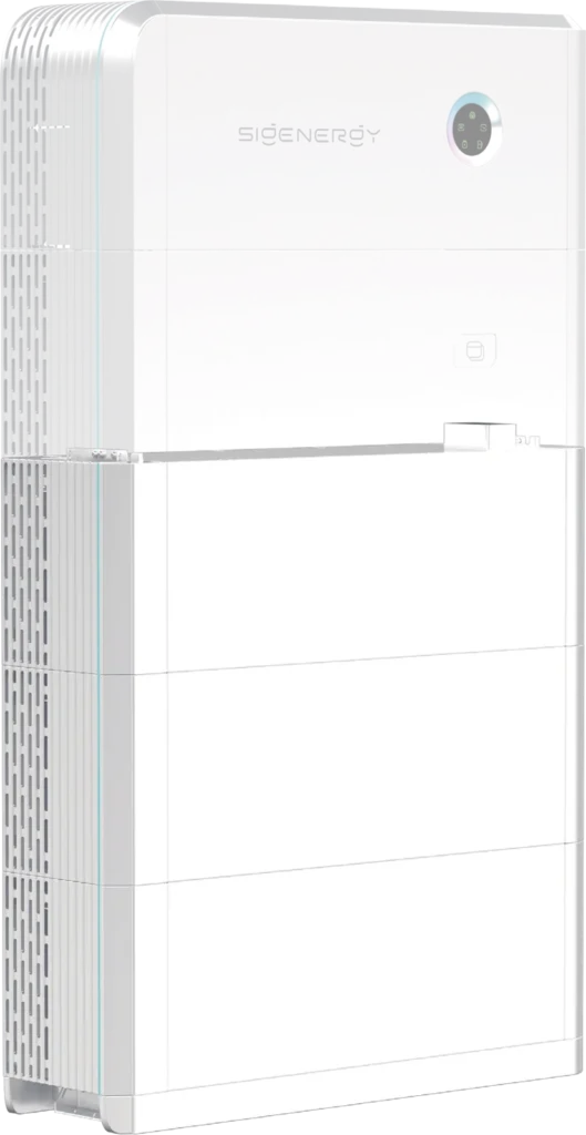 Sigenergy SigenStor thuisbatterij, witte modulaire stapel met energiecontroller bovenop