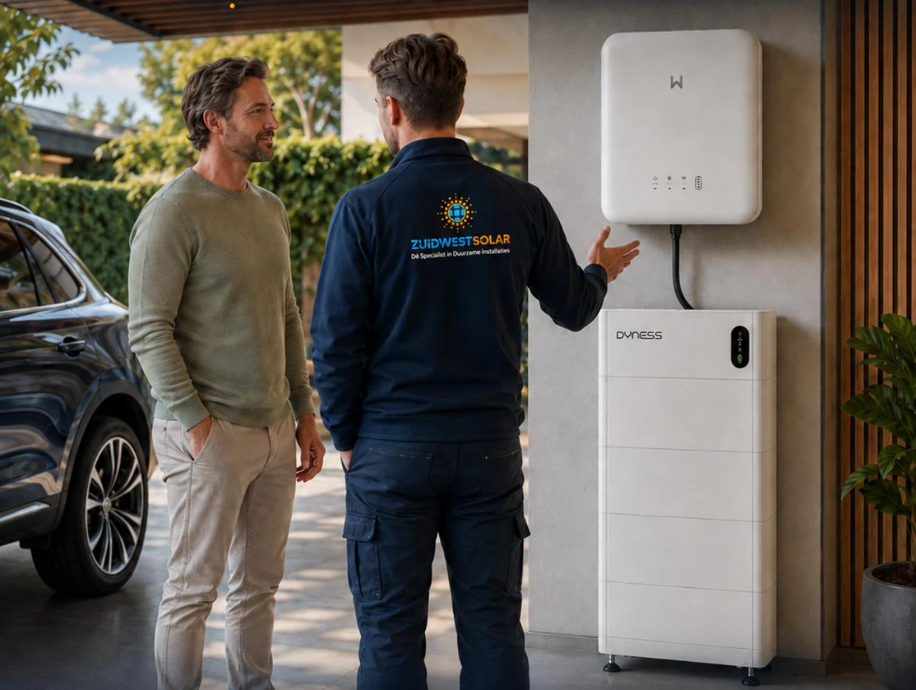 Monteur van ZuidWest Solar legt een klant de thuisbatterij uit
