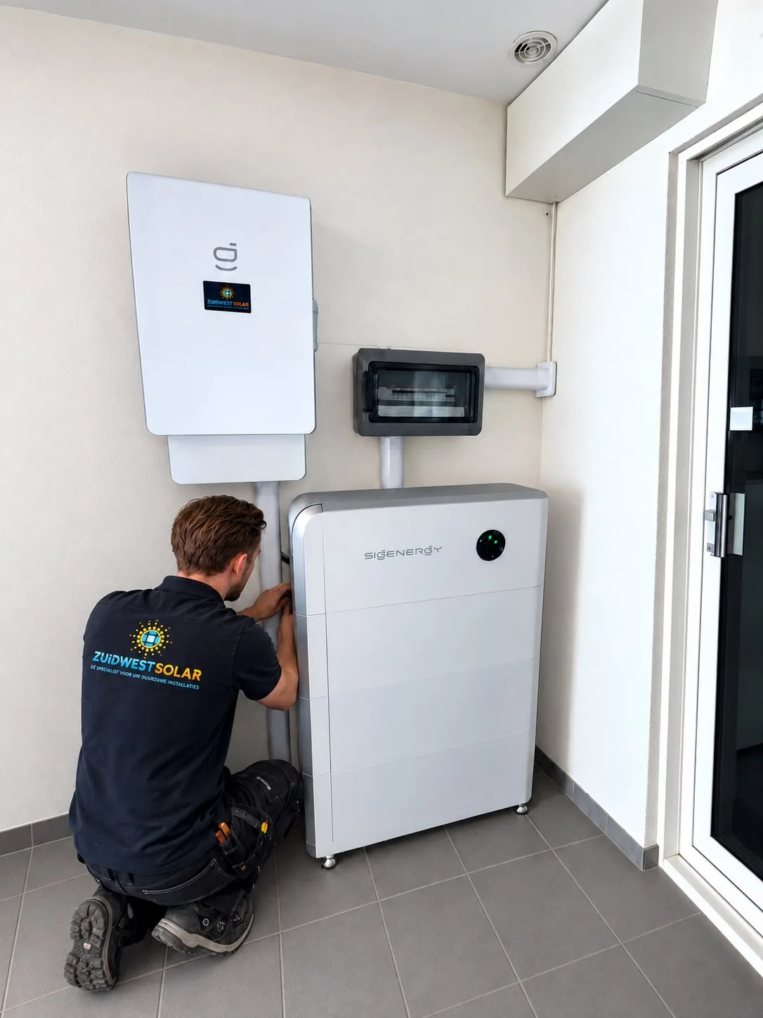 Monteur van ZuidWest Solar sluit een Sigenergy-thuisbatterij aan in een woning