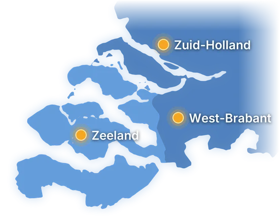 Kaart van het werkgebied van ZuidWest Solar: Zeeland, West-Brabant en Zuid-Holland